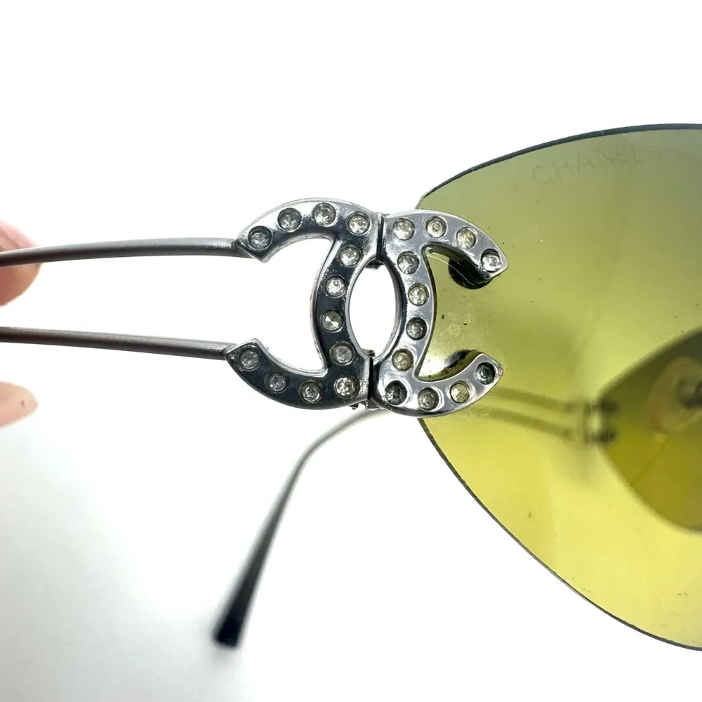 Chanel CC 90’s Vintage Khaki Olive Green Logo Rimless Sunglasses